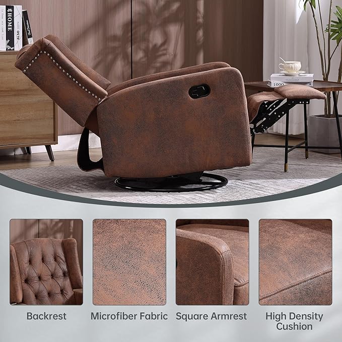 Glider Recliner Nursery Chair Cozy Microsuede Rocking Chair Nursery Recliner with Adjustable Button Backrest and Footrest Swivel Recliner Chair for Living Room Bedroom Office (Coffee)