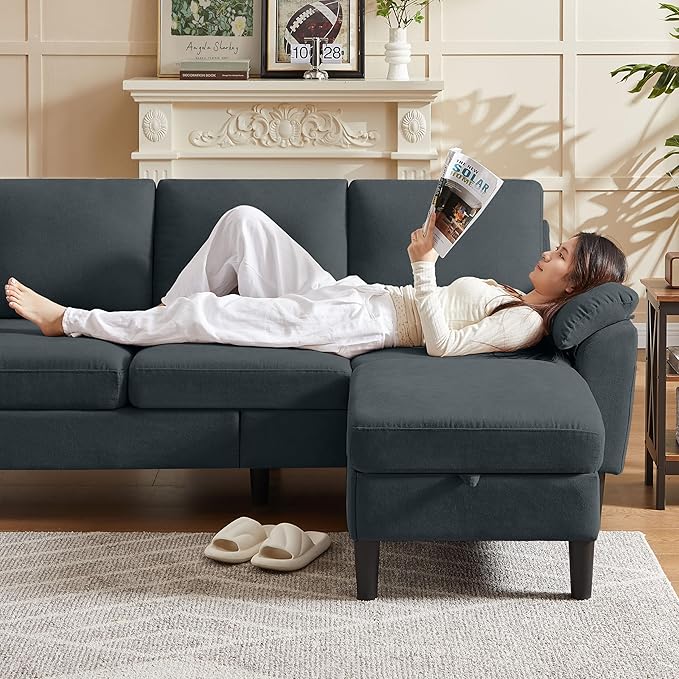 79 Convertible Sectional Sofa Small L Shaped 3-Seat Couch with Reversible Chaise Modern Linen Sofas Couches for Living Room Apartment and Small Space Dark Grey