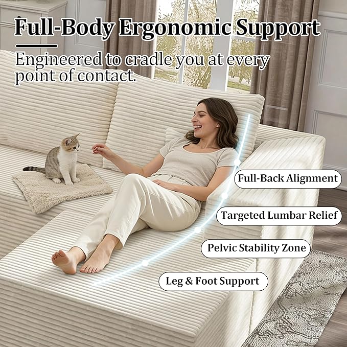 108'' U-Shaped Cloud Modular Sectional Sofa Modern High Back Corduroy Couch with Right Facing Chaise Lounge &amp Ottoman Upholstered Boneless Deep Seat Plush Sofa No Assembly Needed for Home Bei