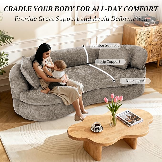 95” Modern Curved Sofa Chenille Fabric Comfy Cloud Couch No Assembly Required Half Moon Couch with Deep Seat 4 Pillows for Living Room Apartment Bedroom