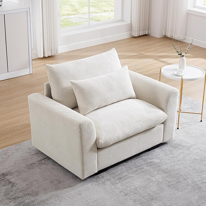 Oversized Modular Sectional Sofa 51 Inch Single Seat Sofa Corduroy Deep Seat Comfy Couch Armchair with Waist Pillow for Living Room Apartment Beige