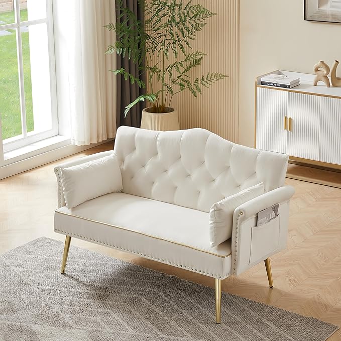 55-Inch Modern Velvet Loveseat Sofa with Gold Metal Legs &amp Side Pockets Tufted Backrest Perfect for Living Room Bedroom or Office (Modern Beige)