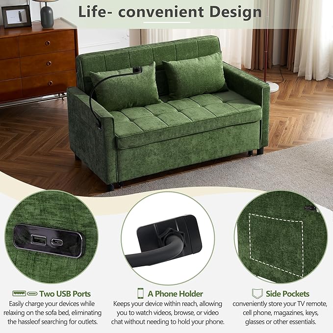 3 in 1 Convertible Sleeper Sofa Bed with Pull-out Bed 61 Chenille Chaise Lounge with 3-level Adjustable Backrest Tufted Loveseat with Phone Holder &amp 2 Soft Pillows for Living Room Apartment Gr