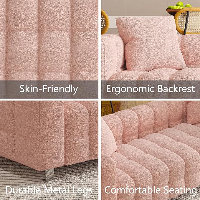 87.4'' Modern 3-Seater Sofa Bubble Couch with 2 Pillows for Living RoomTeddy Bouclé Velvet Deep Seat Sofa Couch Fluffy Loveseat Sofa with 6 Metal Base Legs for Bedroom/Home/Office(Pink)