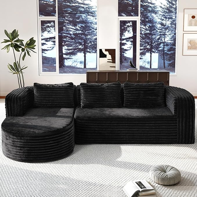 Hobestluk 96 Cloud Sectional Couch Modern Boneless Couch 3 Seater with Oversized Chaise L Shaped Modular Sofa Couches for Living Room Apartment No Assembly Required (Stripe BlackLeft Facing Chaise)