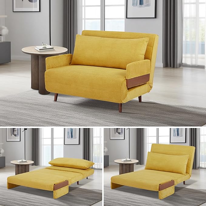 3 in 1 Sleeper Chair Bed Foldable Convertible Chair with Armrest Thickened Cushion and Sponge Corduroy Fabric Adjustable Backrest Upholstered Accent Sofa for Apartment/Bedroom/Office - Yellow