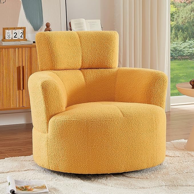 Swivel Accent ChairBedroom Barrel Chairs with Seat CushionModern 360° Soft Berber Fleece Fabric Circle Chair with Adjustable Headrest for Living Room (Yellow)