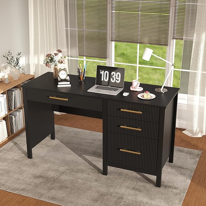 Black Executive Desk with Drawers: 54 Wood Computer Desk with File Drawer Modern Home Office Desks with Storage Fluted Writing Desks for Working Studying (Black 54)