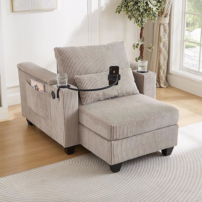 37.4 Versatile Chair Lounge Sleeper Daybed 2-in-1 Flexible Deep Seat Sofa Chair Convertible Recliner Chaise Lounge W/ Storage ArmsUSB PortsCupholdersPhone Holder Pockets for Living Room Bedroom