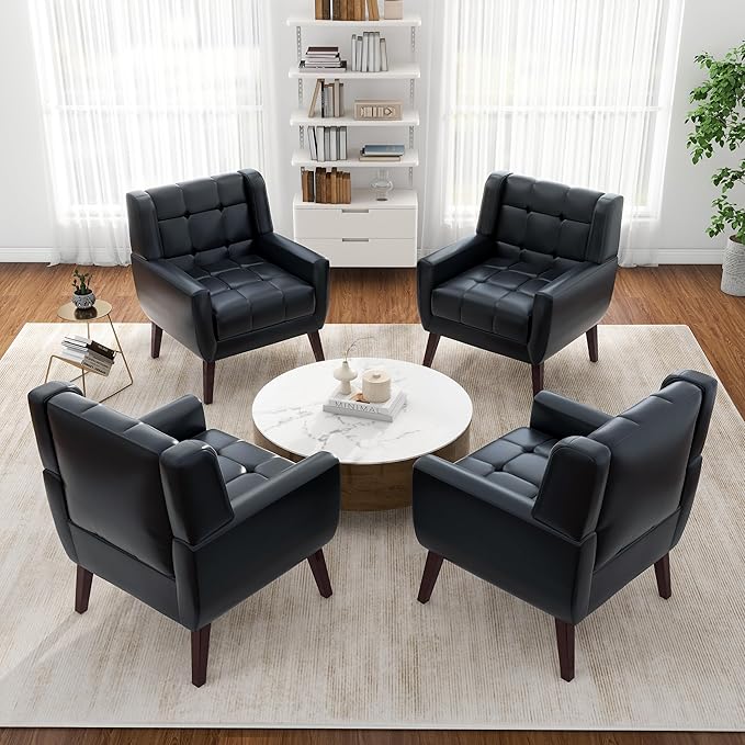 Pia Ricco 2 Pack Mid Century Modern Accent Chairs Button Tufted Faux Leather Armchairs - Easy-Clean Matching Set for Living Room Durable Sofa Chairs for Home Office &amp Lounge Black