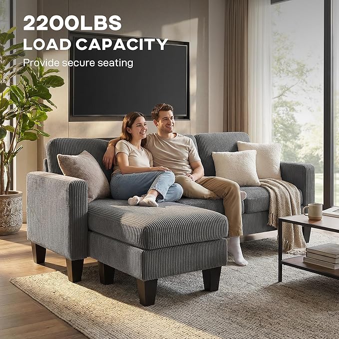 HOMCOM 73 Sectional Sofa L Shaped Couch with Reversible Chaise or Ottoman Corduroy 3 Seat Sectional Couch for Living Room Bedroom Apartment 2200lb Capacity Dark Gray