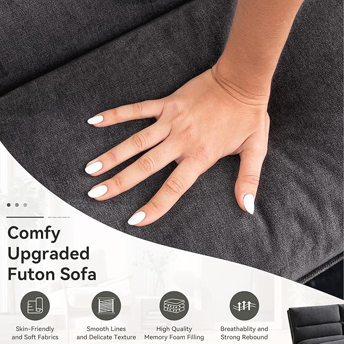Memory Foam Futon Sofa BedLinen Fabric Futon CouchConvertible Armless FutonsSmall Splitback Loveseat Sleeper Sofa Bed for Living RoomOfficeApartmentPure Black