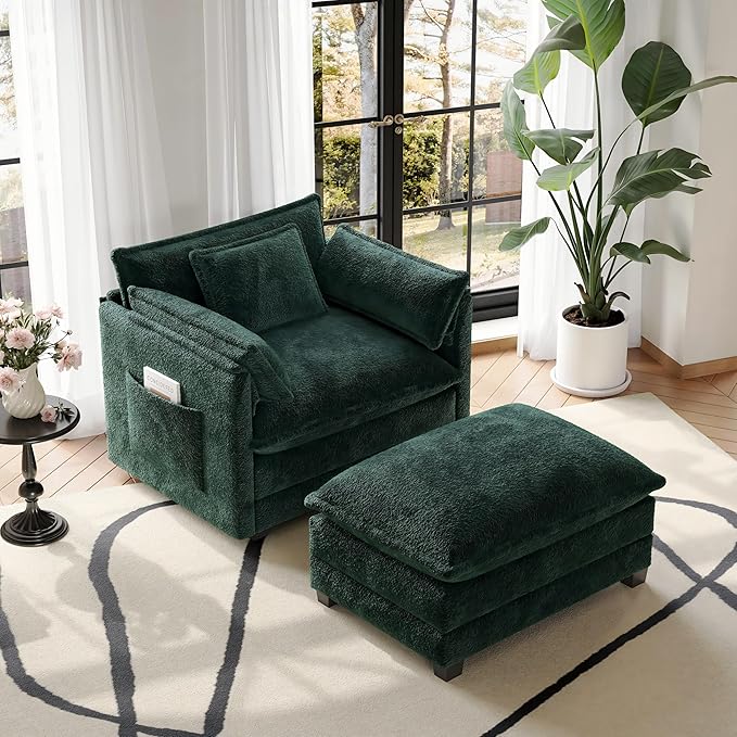 Accent Chair Comfy Oversized Sofa Sleeper Chair with Ottoman Modern Deep Seat Single Sofa Couch for Living Room Bedroom Study Balcony (Chenille Dark Green)