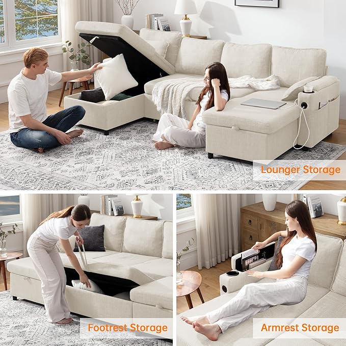 DURASPACE Sofa Bed Sleeper Sofa Pull Out Couch with Double Storage Chaise Sectional for Living Room U Shaped Couch with Removable Covers (Beige)