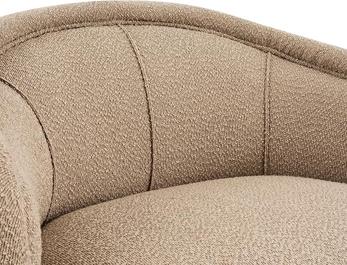Scott Living Amanda Carly Low Profile Accent Chair Round Backrest Side Chair Living Room Armchair with Boucle Fabric Cushion Comfy Reading Chair for Bedroom Wooden Single Lounge Sofa Dark Beige