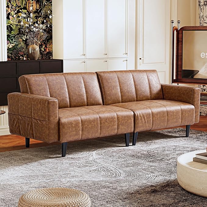 83 Mid Century Modern Futon Sofa Bed 3 Seater Faux Leather Couch with Adjustable Backrest Comfy Upholstered Sleeper Sofa for Living Room Apartment Home Office (Brown)