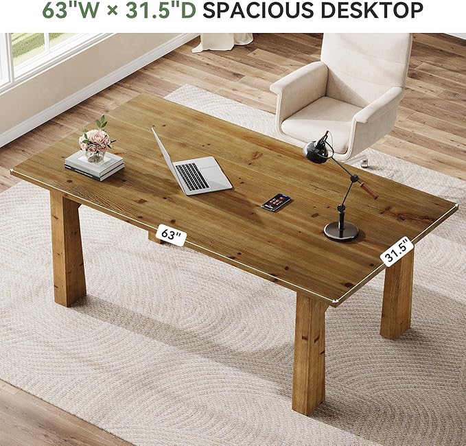Solid Wood Executive Desk 63-Inch Computer Desk with Sturdy Wooden Legs Farmhouse Workstations Writing Table Conference Table Business Furniture for Home Office