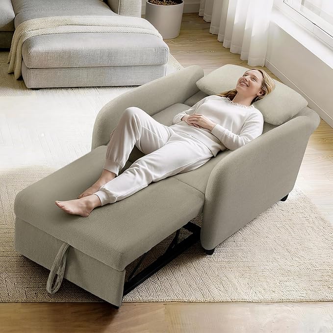 CHITA Sleeper Chair 3-in-1 Pull Out Convertible Single Sofa Bed with Adjustable Backrest Chenille Chaise Lounge Chair for Living Room Bedroom &amp Apartment Stone