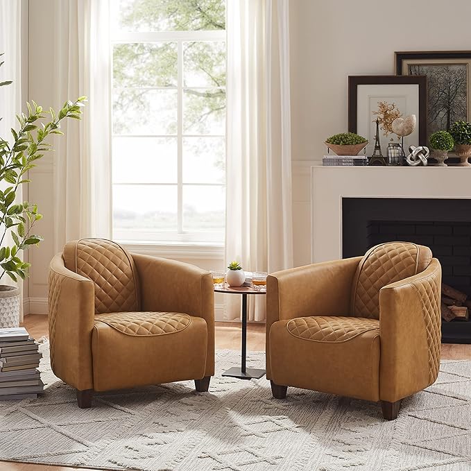 Zouron Genuine Leather Living Room Chair Mid Century Modern Single Sofa Chair with Wooden Legs Upholstered Barrel Accent Chair for Living Room Bedroom Home Office 1 Pcs Light Brown