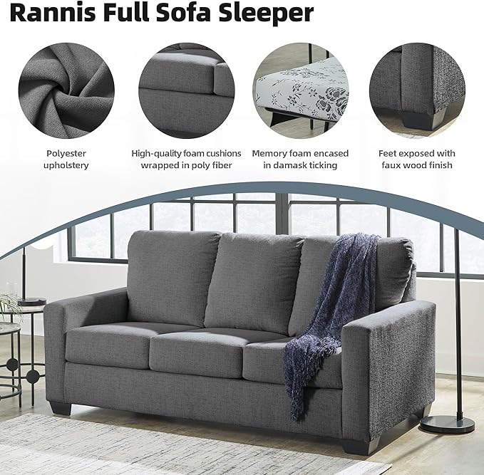 Signature Design by Ashley Rannis Casual 2-in-1 Sofa Sleeper with Folding Gel Memory Foam Mattress Full Gray