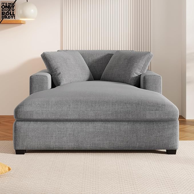 Christopher Knight Home Larrz Oversized Chaise Lounge Chair Indoor Cozy Upholstered Sleeper Sofa Couch Durable Wood Frame Deep Seat Reading Chair with 2 Throw Pillows and Armrests Gray