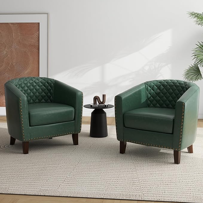 Faux Leather Accent Chairs Set of 4 Upholstered Barrel Club Chair for Living Room Comfy Round Armchair with Nailed Trim for Bedroom Office-Green