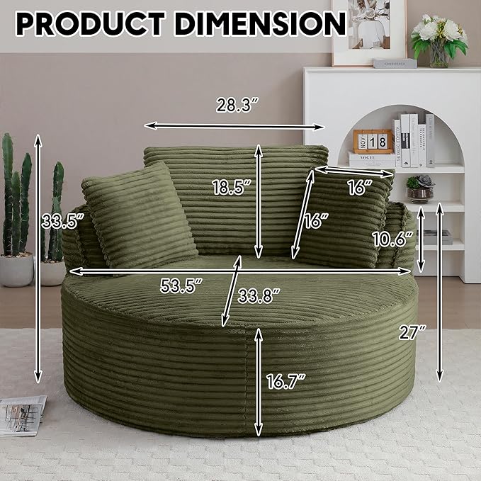 Oversized Round Chair Lounge Chaise Indoor 53.5 Upholstered Corduroy Deep Seat Single Cloud Sofa Chair Fluffy Modern Large Circle Boneless Sleeper Sofa for Living Room Bedroom Green