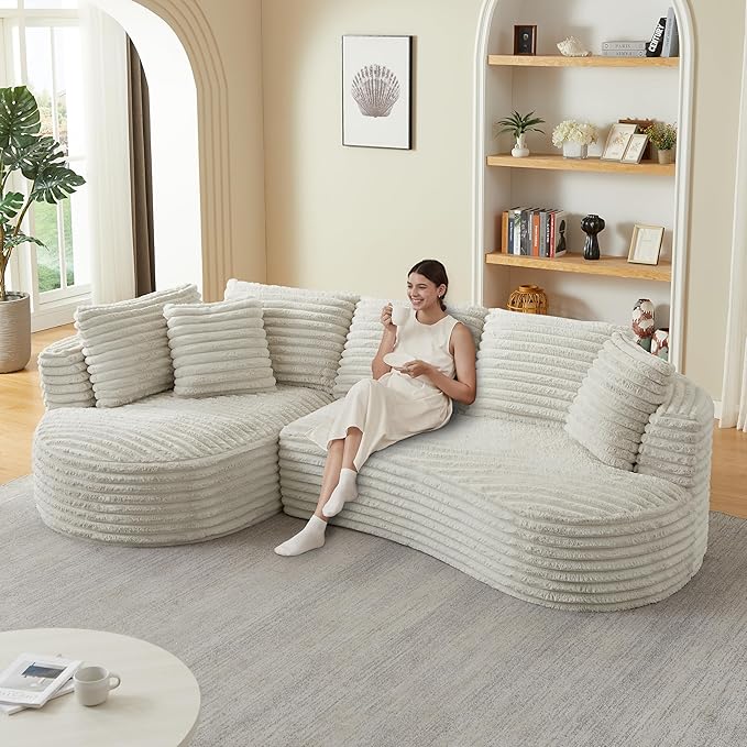 KEIKI 120 Oversized Curved Cloud Couch Modern Sectional Sofa for Apartments and Lofts Deep Corduroy Seating with Chaise Compression Foam Design No Assembly Required
