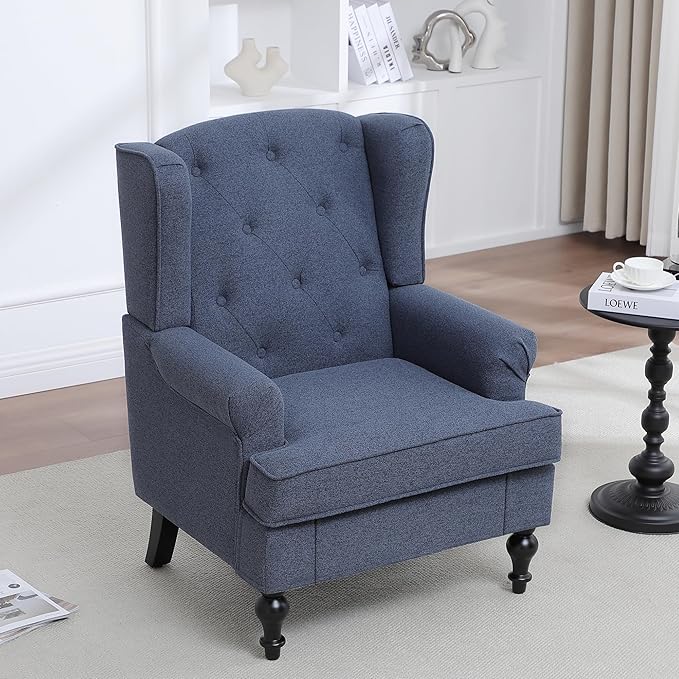 Accent Chair Set of 2 Mid Century Modern Fabric Wingback Chair Upholstered Armchair with High Back and Vintage Legs Comfy Single Sofa Side Reading Chair for Living Room Bedroom Blue
