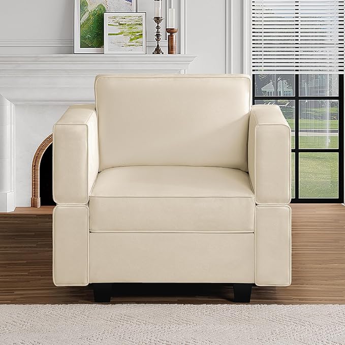 Naomi Home Sarah Modular Sectional Arm Accent Chair with Storage Seat Air Leather Armchair Single Sofa Club Chair Beige