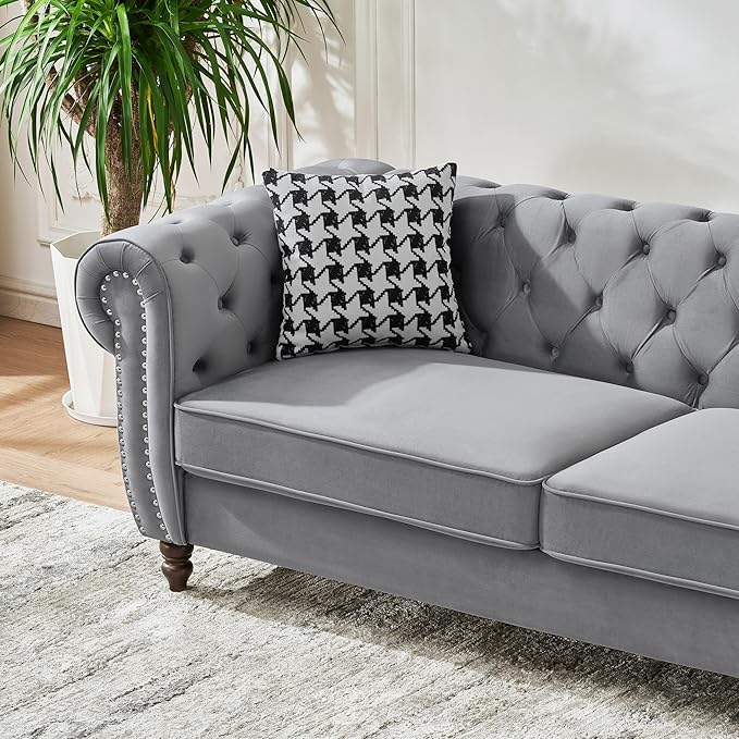 Loveseat Velvet Fabric Two- Seater Couch Buckle Design and Rivet Decoration Deep Seated Double Sofa Suitable for Living Room Bedroom Apartment Hotel etc (gray-04)