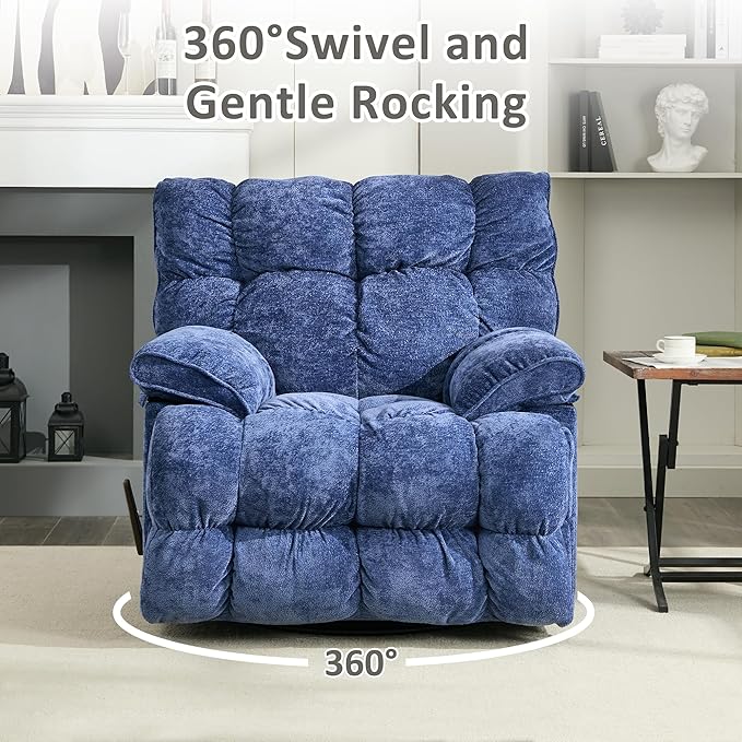 Oversized Rocker Recliner Chair for AdultsOverstuffed 360° Swivel Rocking Recliner Extra Wide Breathable Fabric Manual Reclining Single Sofa for Living Room (Blue)