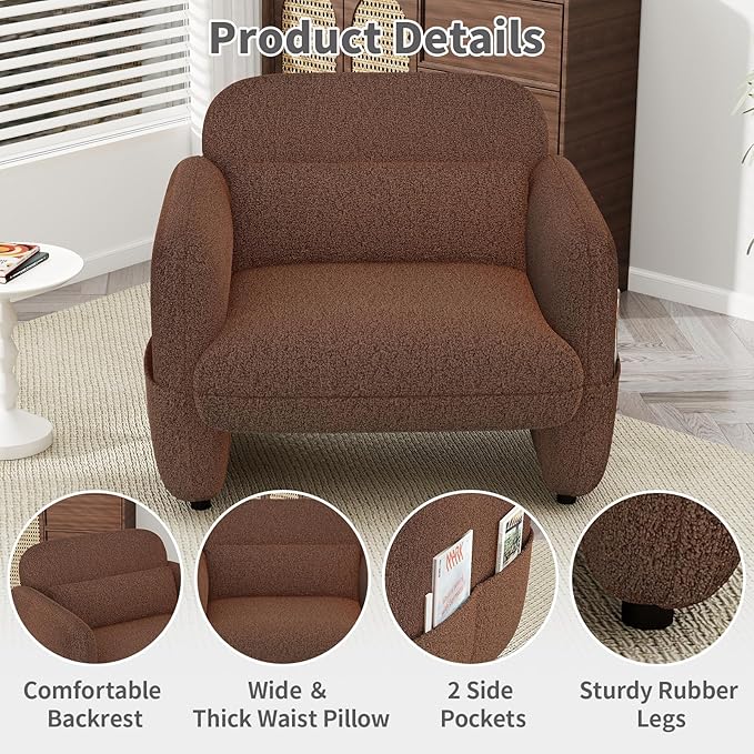 33.46 Accent Chair Oversized Sherpa Lamb Fabric Armchair Big Comfy Upholstered Armed Chair Single Sofa Chair with Waist Pillow for Bedroom Living Room (Dark Brown)