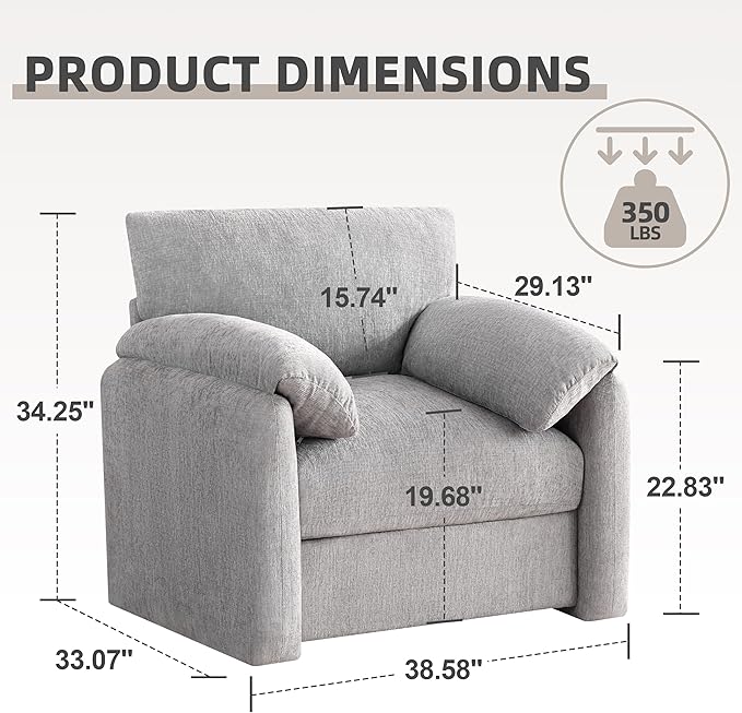 Chenille Oversized Armchair 38.6' Wide Accent Chairs for Living Room &amp Bedroom Modern Lounge Chair Upholstered Mid-Century Reading Chair Comfy Living Room Chair Single Sofa Chair Gray