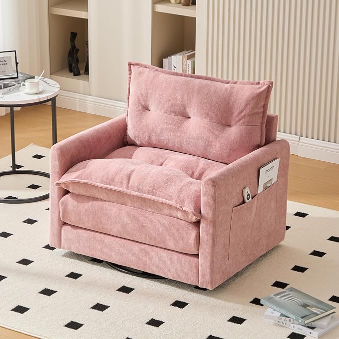 Swivel Accent Chair Recliner - Modern Barrel Chairs with 360° Rotation Thick Padded Upholstered Armchair Cozy Comfy Single Sofa for Living Room Bedroom CornerPink-Chenille