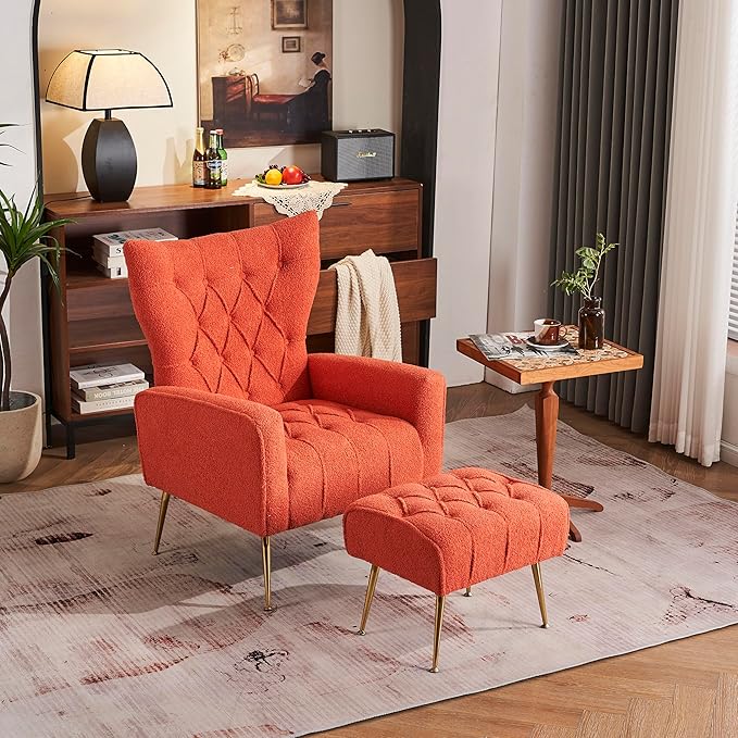 Modern Accent Chair with Ottoman Comfy Armchair for Living Room Bedroom Apartment Office (Brick red)