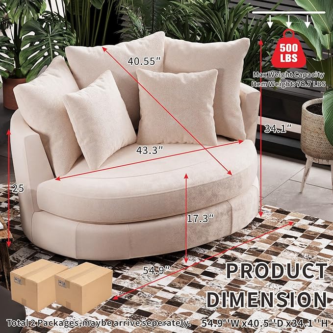 54.9''W Oversized Accent Barrel Chair Upholstered Chenille Comfy Couch Sofa with 5 Pillows for Bedroom Living Room Apartment Studio Wheat.