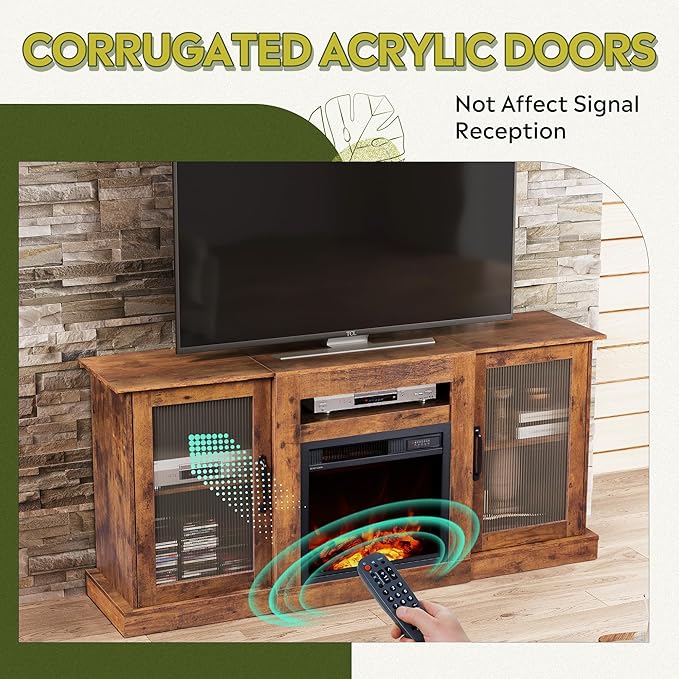 WLIVE Fireplace TV Stand for 65 TV Entertainment Center with 3D Realistic Flame Electric Fireplace TV Console with Open Shelves for Living Room Rustic Brown