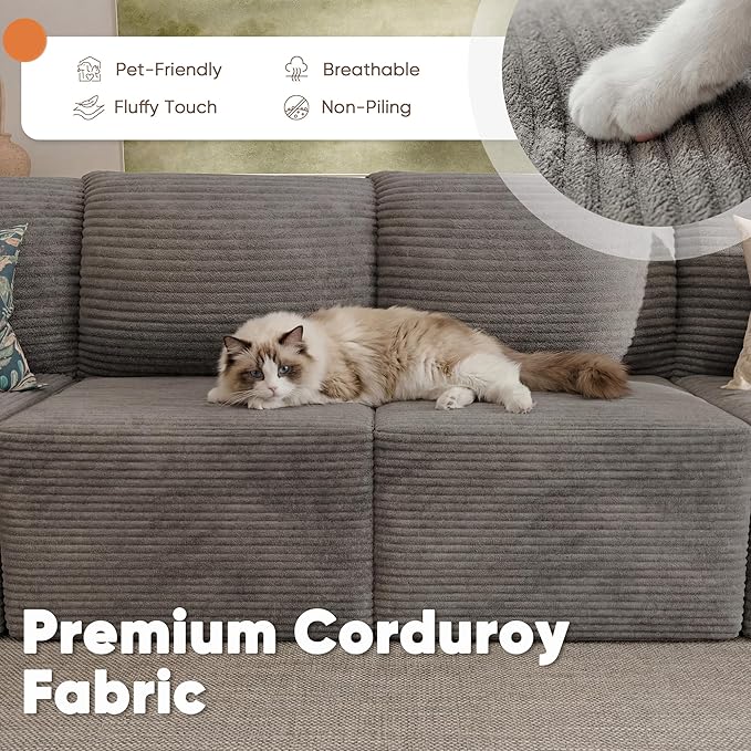 JUMMICO Boneless Couch with Deep Seat and Ottoman Modular Sectional Sofa with Body Support Corduroy Couches for Living Room Apartments Bedroom No Assembly Required (Gray L-Shaped)