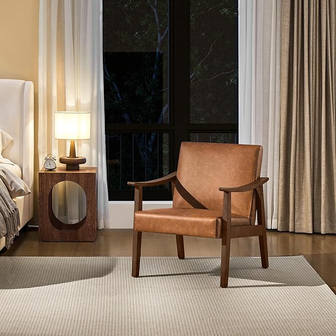 Yaheetech PU Leather Accent Chair Mid-Century Modern Armchair with Solid Wood Legs Reading Leisure Chair with High Back for Living Room Bedroom Waiting Room Brown