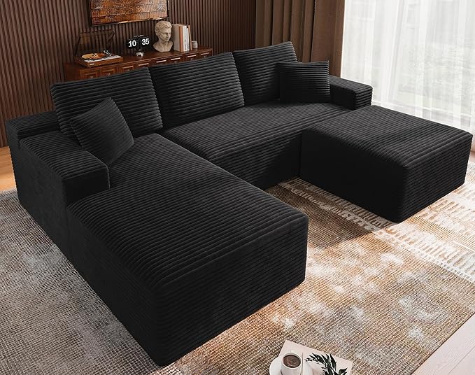 3-Piece Boneless Modular Sectional Sofa Cloud Couch Left Facing Chaise with Ottoman Oversized Deep Seat Soft Corduroy Fabric Sectional Couch for Living Room-blackb