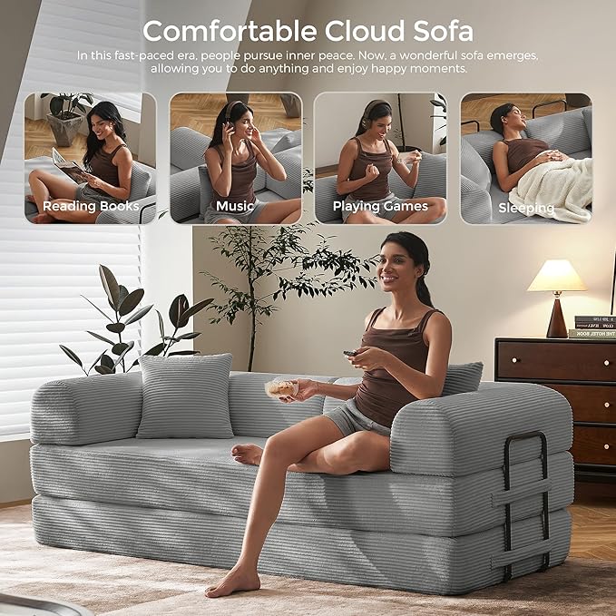 79 Convertible Floor Sofa Bed 5-in-1 Modular Sleeper with Removable Parts No Assembly Corduroy Futon from Sofa to Oversized Bed Non-Slip Base for Living Room Dorm (Light Gray)