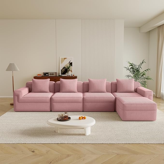 Boneless Couch153.5 No Assembly L Shaped Oversize Modular Sectional Cloud CouchSolid Foam Corduroy Sofa with Ottoman for Living Room (Pink Corduroy4 Seats with Ottoman)