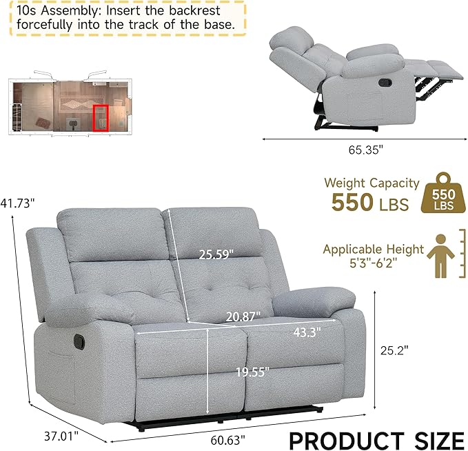 Reclining Loveseat Recliner Sofa 2-Seater Double Manual Dual Recliner Oversized Couches for Living Room Bedroom RV(Loveseat Grey)