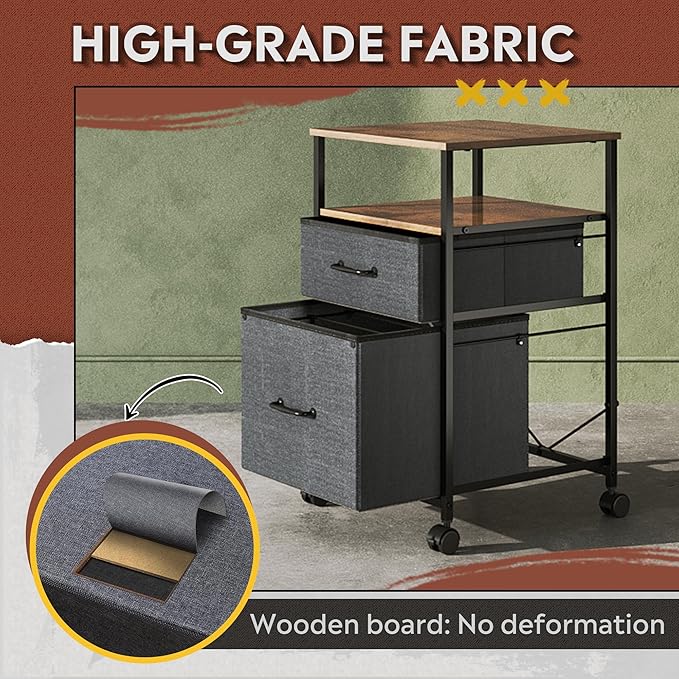 DEVAISE Mobile File Cabinet Rolling Printer Stand with Open Storage Shelf Fabric Vertical Filing Cabinet fits A4 or Letter Size for Home Office Rustic Brown