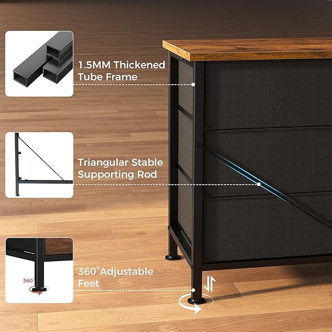 DUMOS TV Stands for Living Room Furniture with 9 Fabric Drawers Long Entertainment Center Up to 75 Inch TV Media Console Table with Storage for Bedroom Adjustable Feet Rust.