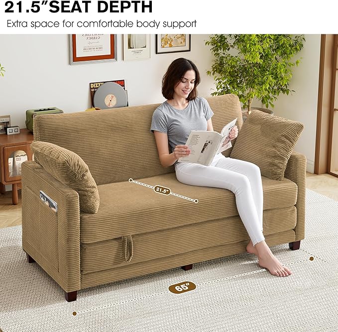 65 Loveseat Sleeper Sofa Bed Corduroy Convertible Sofa Bed for Small Spaces Folding Couch Bed with Deep Seat 2 Pillows &amp Solid Frame Pull Out Floor Couches for Living Room Brown