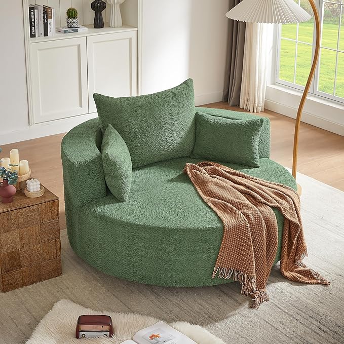 360° Swivel Chair Accent Barrel Chair Swivel Round Sofa Chair with 3 Removable Pillows for Living Room Bedroom Office and Hotel (Green@80)