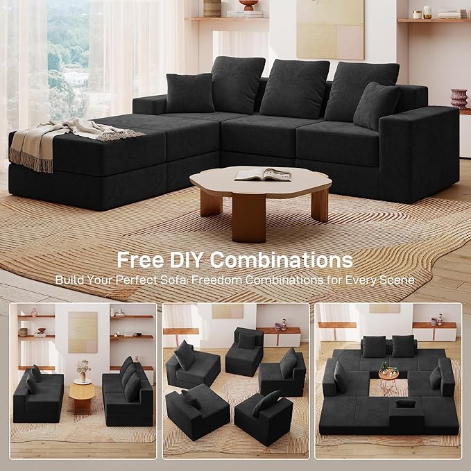 Living&ampGiving 101 U-Shaped Cloud Sectional Couch for Living Room Cloud Boneless Couch-No Assembly with Reversible Chaise Customizable 3-Seat Modular Sectional Sofa with 2 Ottoman Black