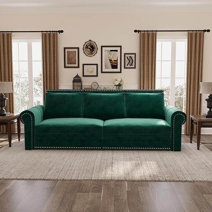 93.7 King Pull Out Sofa Bed Velvet Convertible Sleeper Couch with Nailhead Trim Oversized Mid Century Modern Chesterfield Sofa Sleeper Sectional Couch for Living Room Green